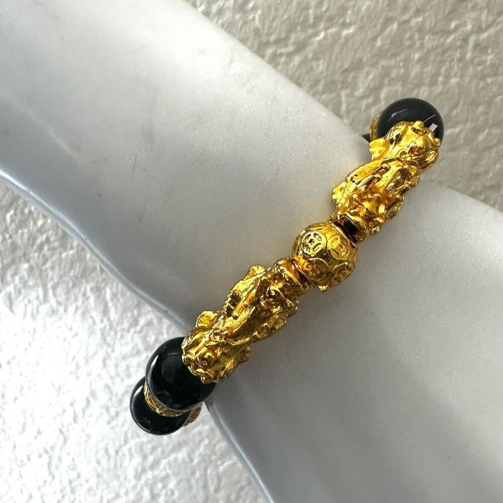 Feng Shui Black  and gold tone Mantra Bead Bracelet with Double dragons